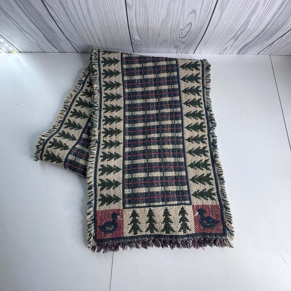 Vtg Christmas Tree Ducks Fringe Table Runner Woven Holiday Decor 11x33 Cottage
